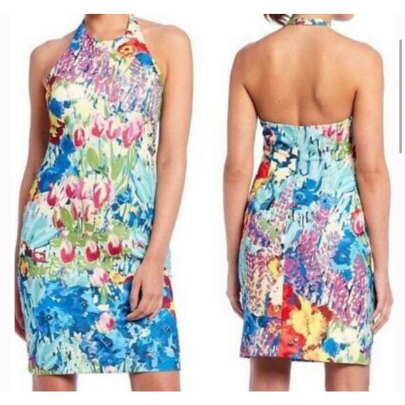Belle by Badgley Mischka Backless Halter Fatima Dress LIned Floral Size 12 - Picture 1 of 8
